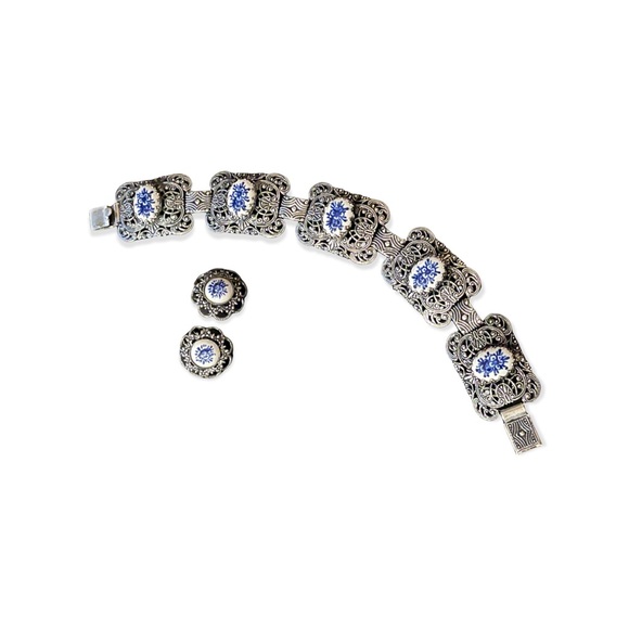 Vintage Jewelry - Vintage Dutch Ceramic silver filagree etched bracelet & earrings